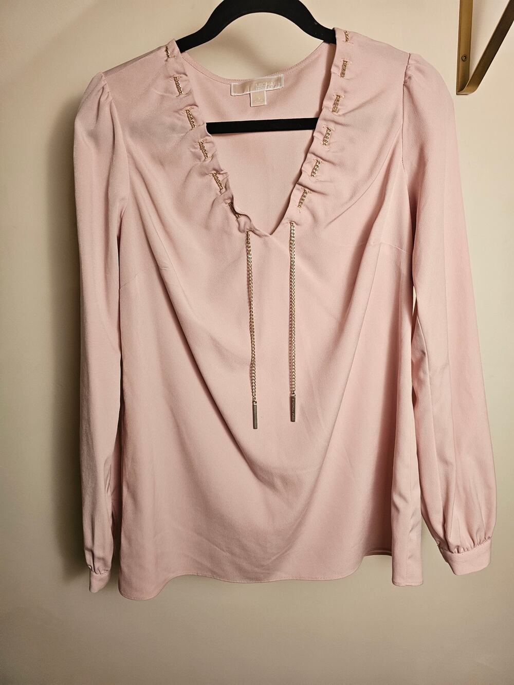 Michael Kors Long Sleeve Pink Blouse with Gold Chain Collar